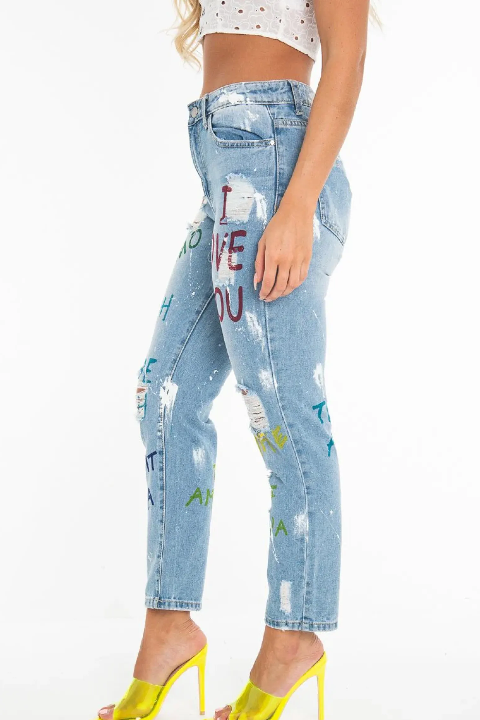 Rebellious Fashion Light Wash Love Graffiti Print Distressed Boyfriend Jeans - Maggie