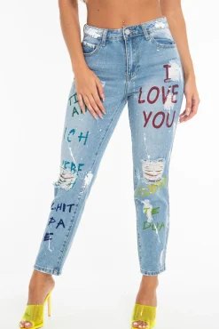 Rebellious Fashion Light Wash Love Graffiti Print Distressed Boyfriend Jeans - Maggie