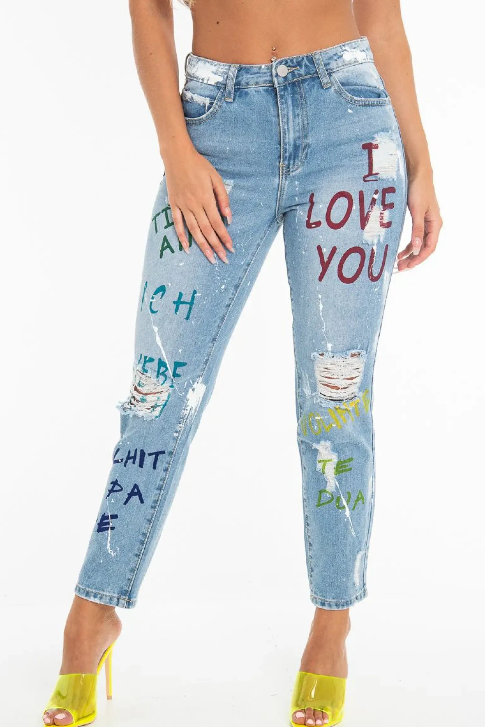 Rebellious Fashion Light Wash Love Graffiti Print Distressed Boyfriend Jeans - Maggie
