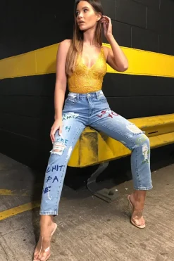 Rebellious Fashion Light Wash Love Graffiti Print Distressed Boyfriend Jeans - Maggie