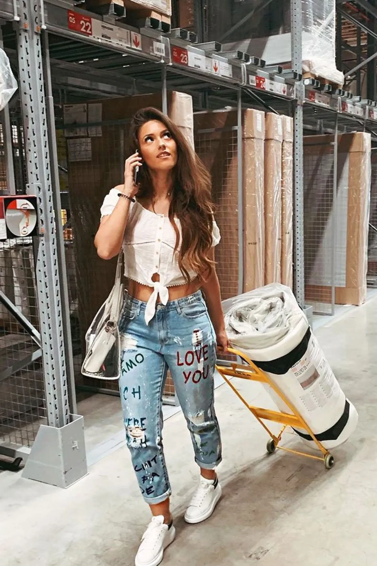 Rebellious Fashion Light Wash Love Graffiti Print Distressed Boyfriend Jeans - Maggie