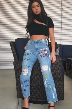 Rebellious Fashion Light Wash Love Graffiti Print Distressed Boyfriend Jeans - Maggie