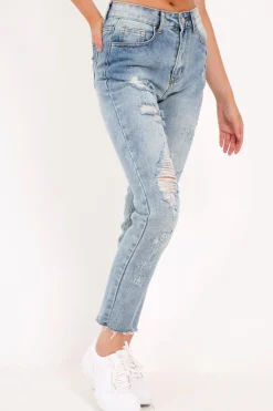 Rebellious Fashion Light Wash Rip Front Distressed Mom Jeans - Merina