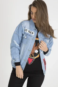 Rebellious Fashion Light Wash Slogan Distressed Denim Jacket - Ashanti