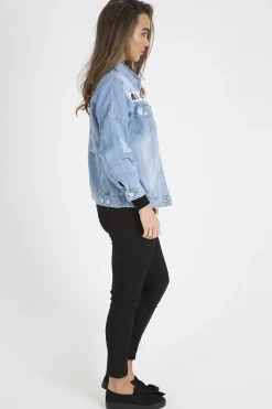 Rebellious Fashion Light Wash Slogan Distressed Denim Jacket - Ashanti