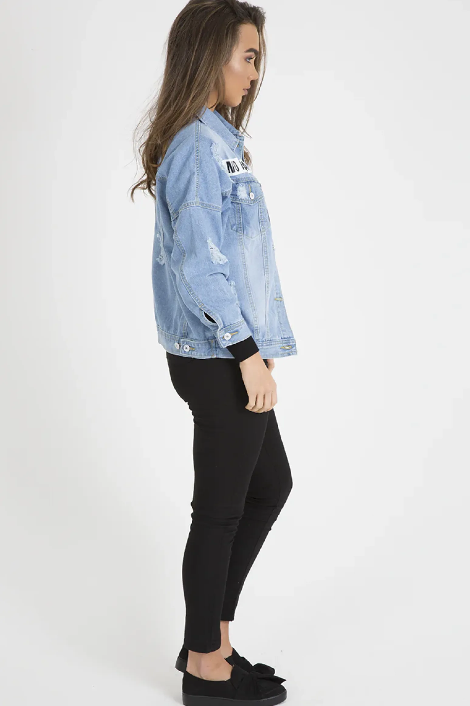 Rebellious Fashion Light Wash Slogan Distressed Denim Jacket - Ashanti