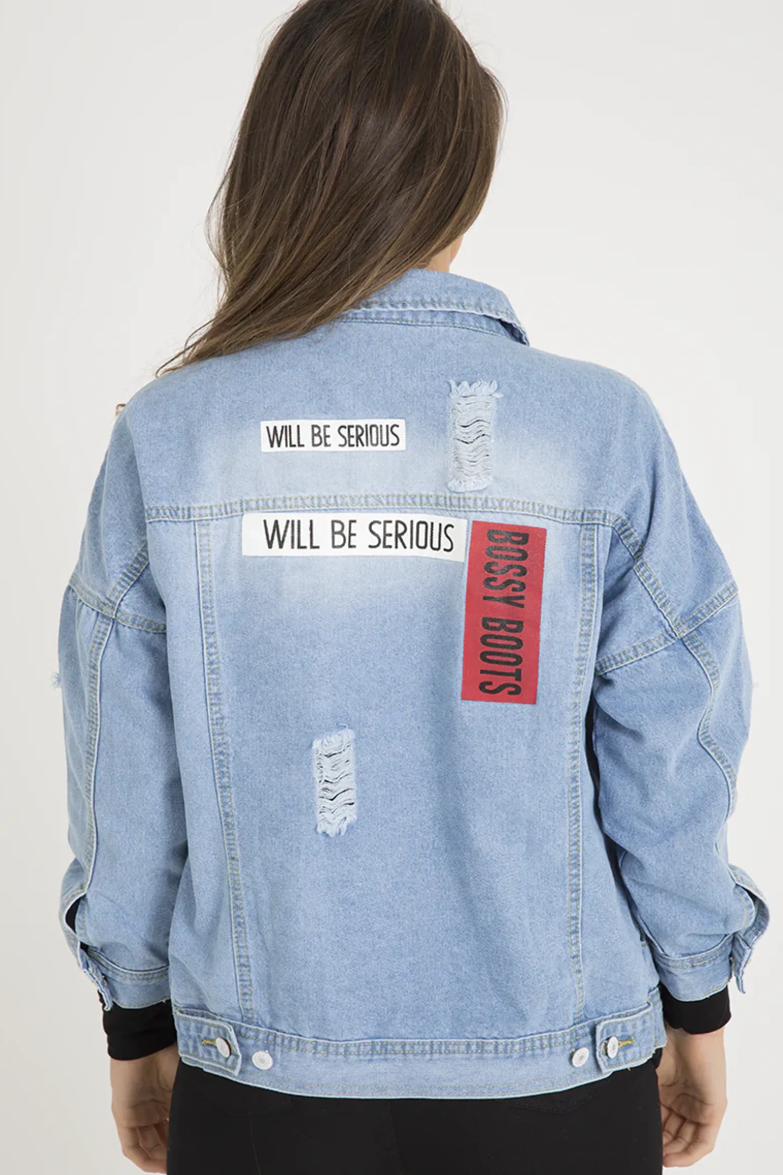 Rebellious Fashion Light Wash Slogan Distressed Denim Jacket - Ashanti