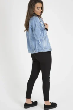 Rebellious Fashion Light Wash Slogan Distressed Denim Jacket - Ashanti
