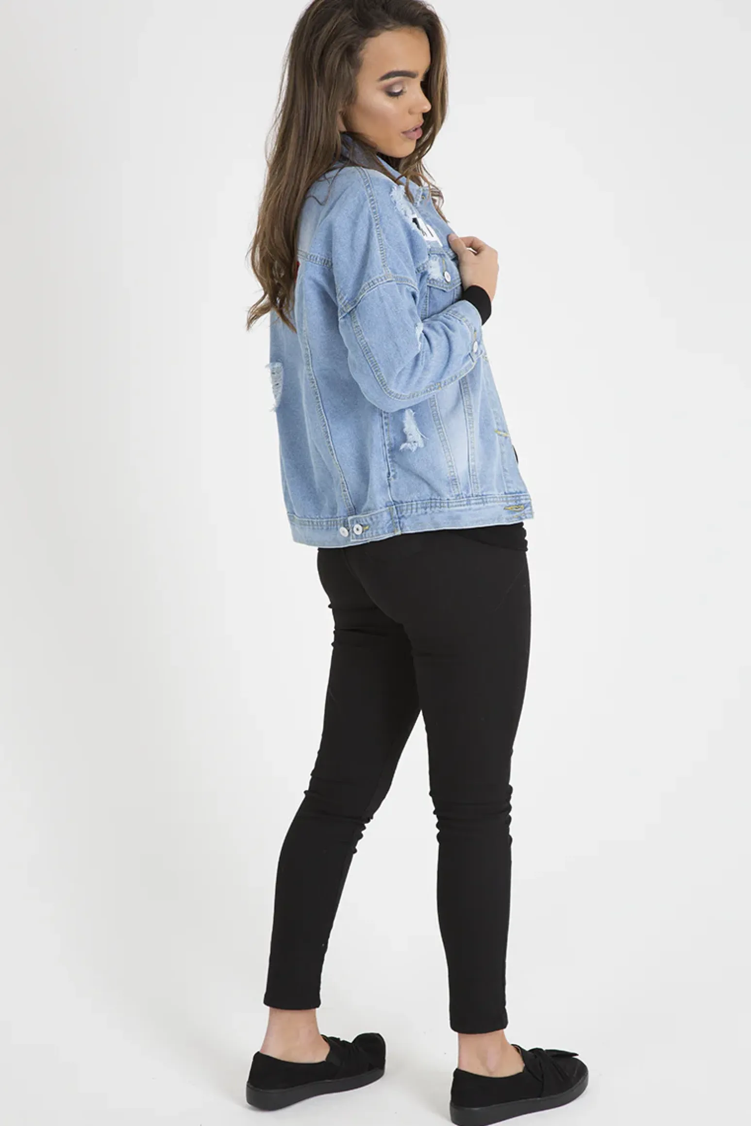Rebellious Fashion Light Wash Slogan Distressed Denim Jacket - Ashanti