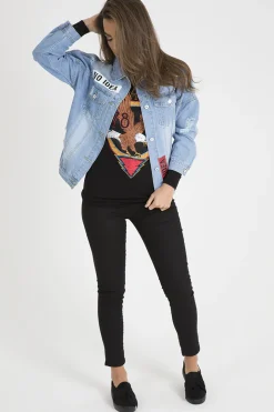 Rebellious Fashion Light Wash Slogan Distressed Denim Jacket - Ashanti