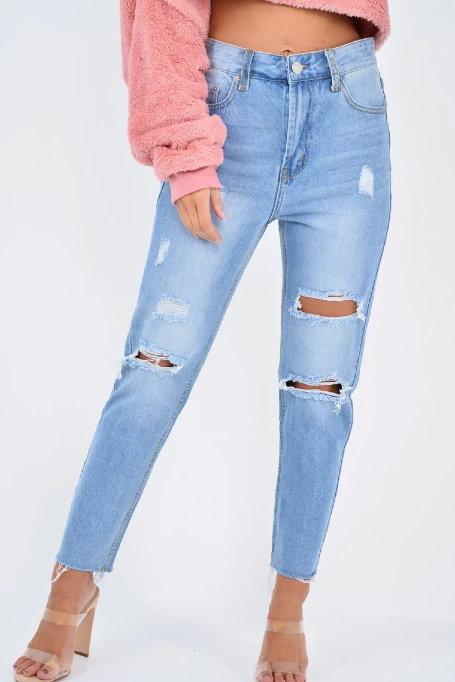 Rebellious Fashion Light Wash Two Tone Ripped Hem Jeans - Lollie