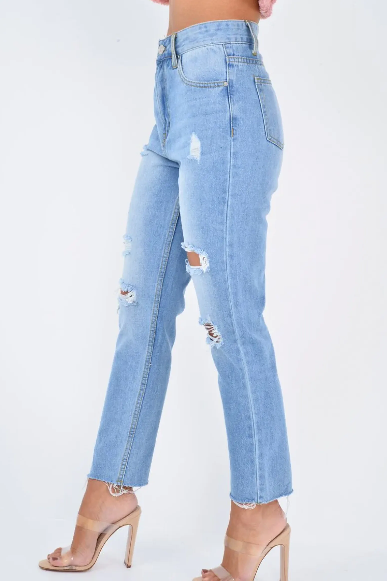 Rebellious Fashion Light Wash Two Tone Ripped Hem Jeans - Lollie