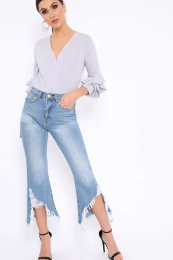 Rebellious Fashion Light Wash Wide Leg Extreme Fray Hem Jeans - Abela