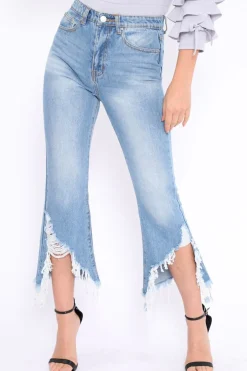 Rebellious Fashion Light Wash Wide Leg Extreme Fray Hem Jeans - Abela