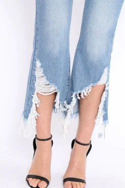 Rebellious Fashion Light Wash Wide Leg Extreme Fray Hem Jeans - Abela