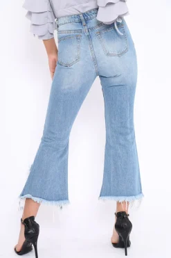 Rebellious Fashion Light Wash Wide Leg Extreme Fray Hem Jeans - Abela