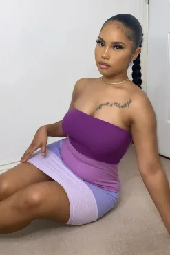 Rebellious Fashion Lilac Colour Block Bandeau Ribbed Mini Dress - Saddie