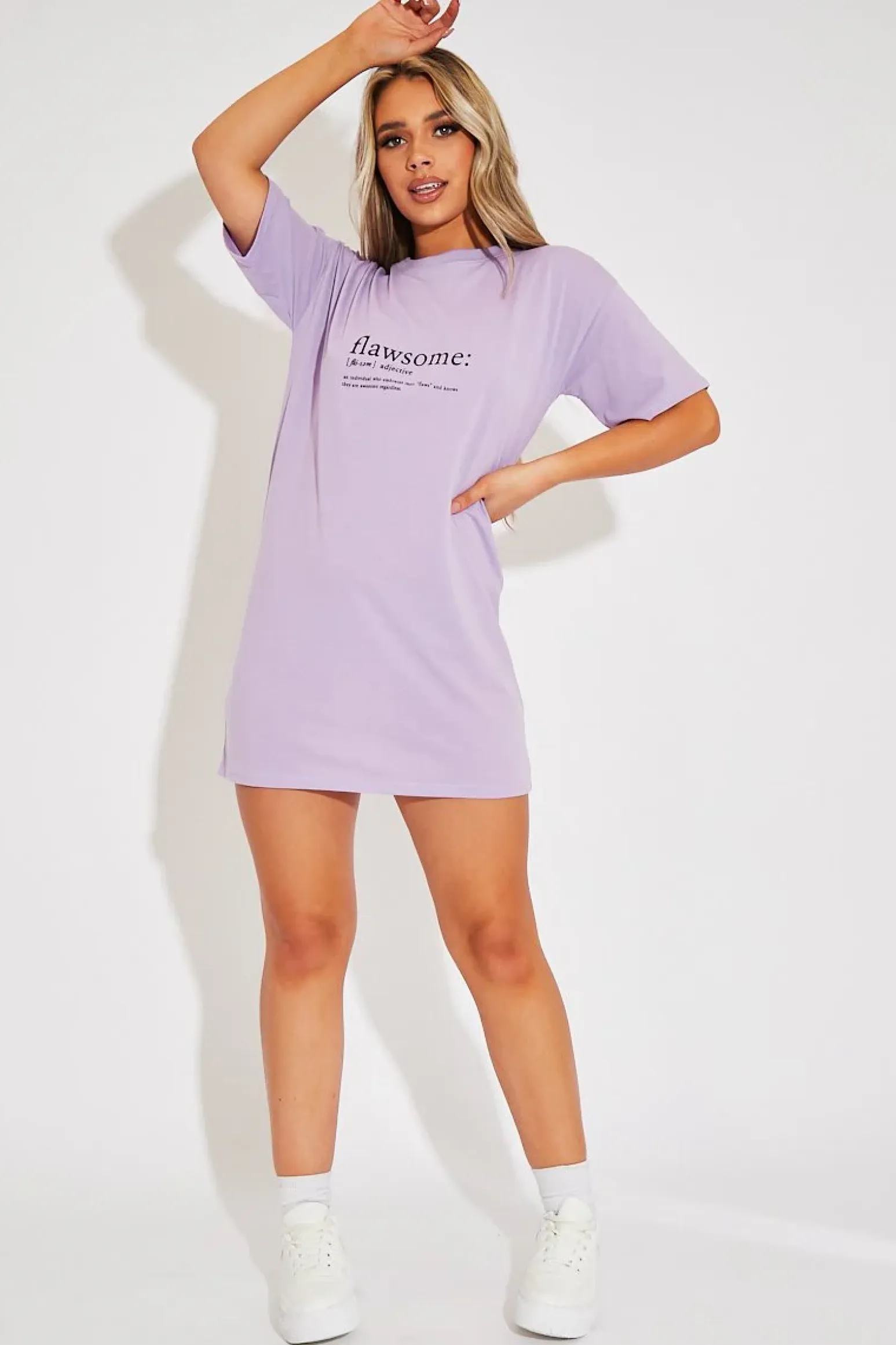 Rebellious Fashion Lilac Flawsome Slogan Printed T-shirt Dress - Neita
