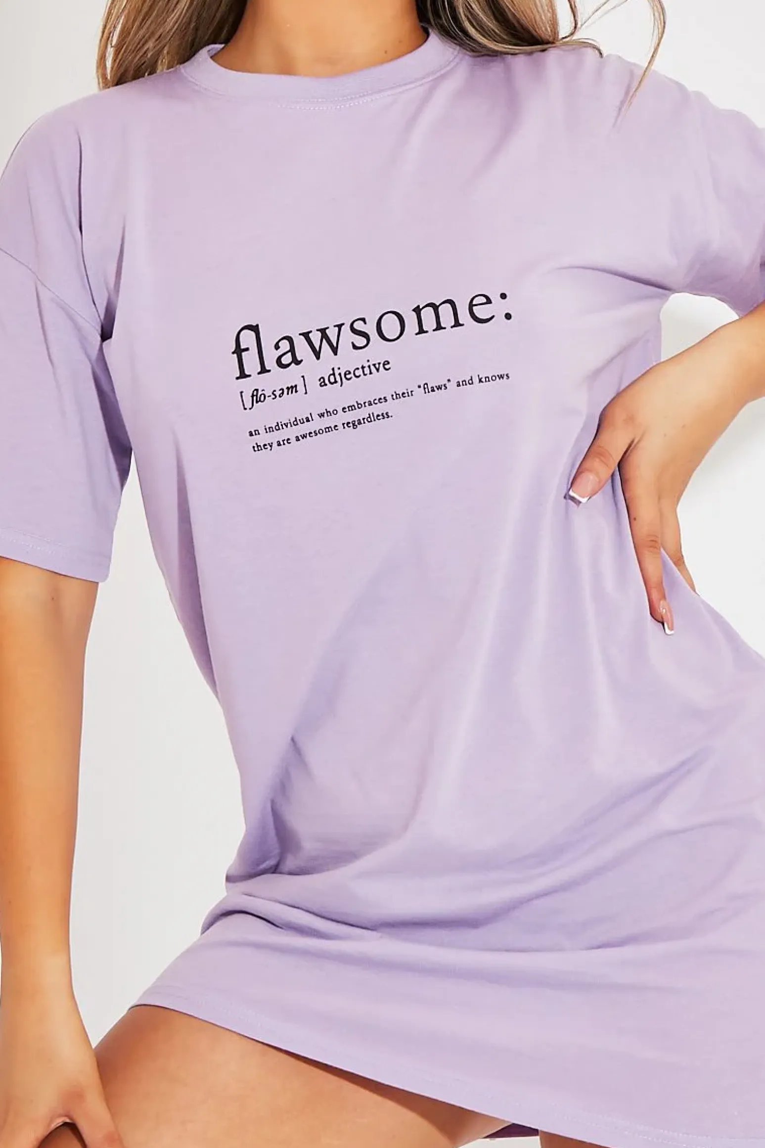 Rebellious Fashion Lilac Flawsome Slogan Printed T-shirt Dress - Neita