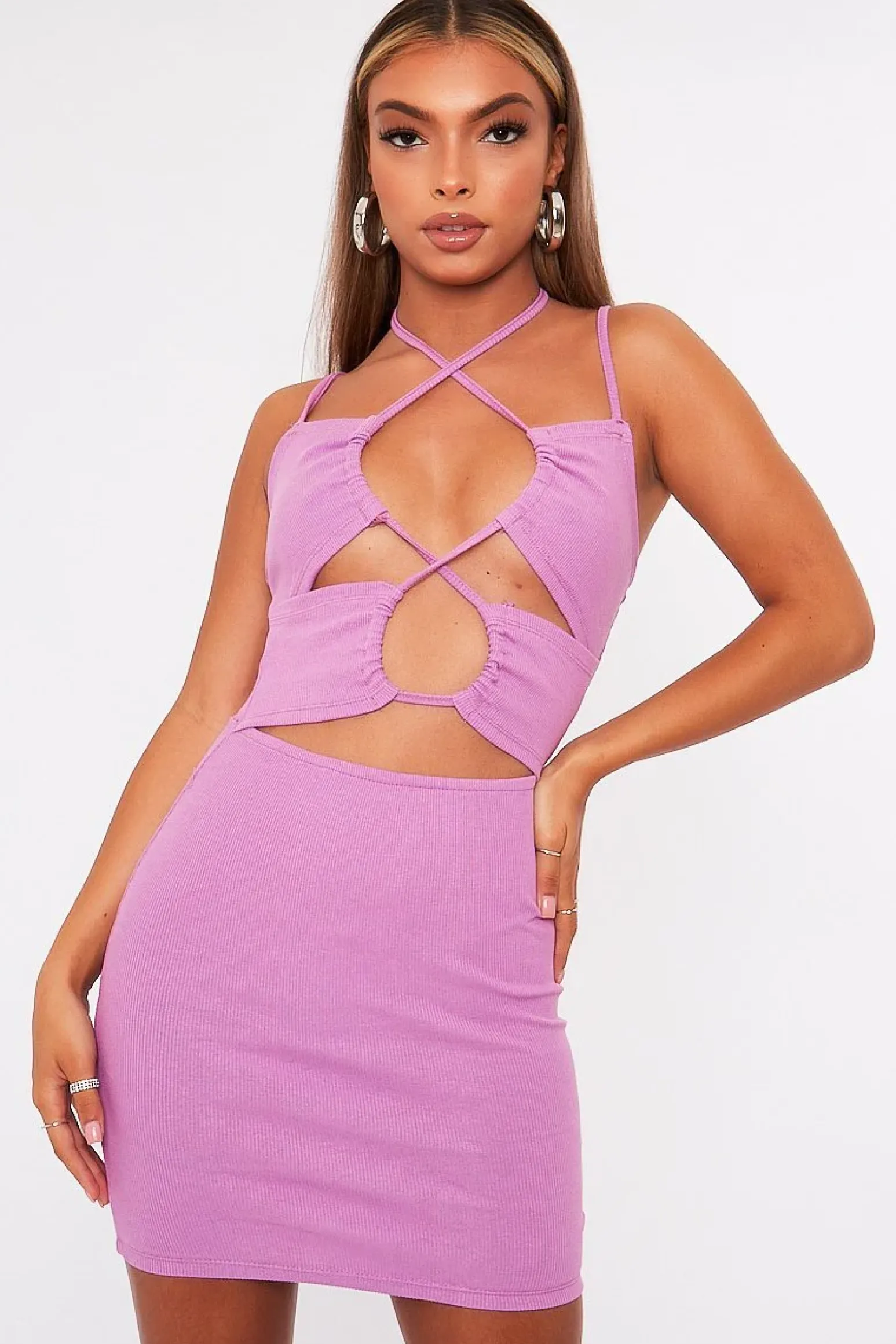 Rebellious Fashion Lilac Front Cut Out Ribbed Mini Dress - Holy