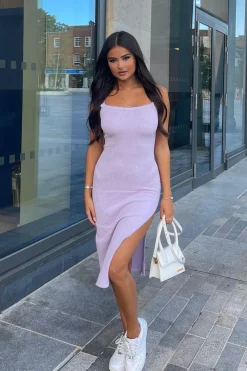 Rebellious Fashion Lilac Knit Lace Up Back Midi Dress - Rory