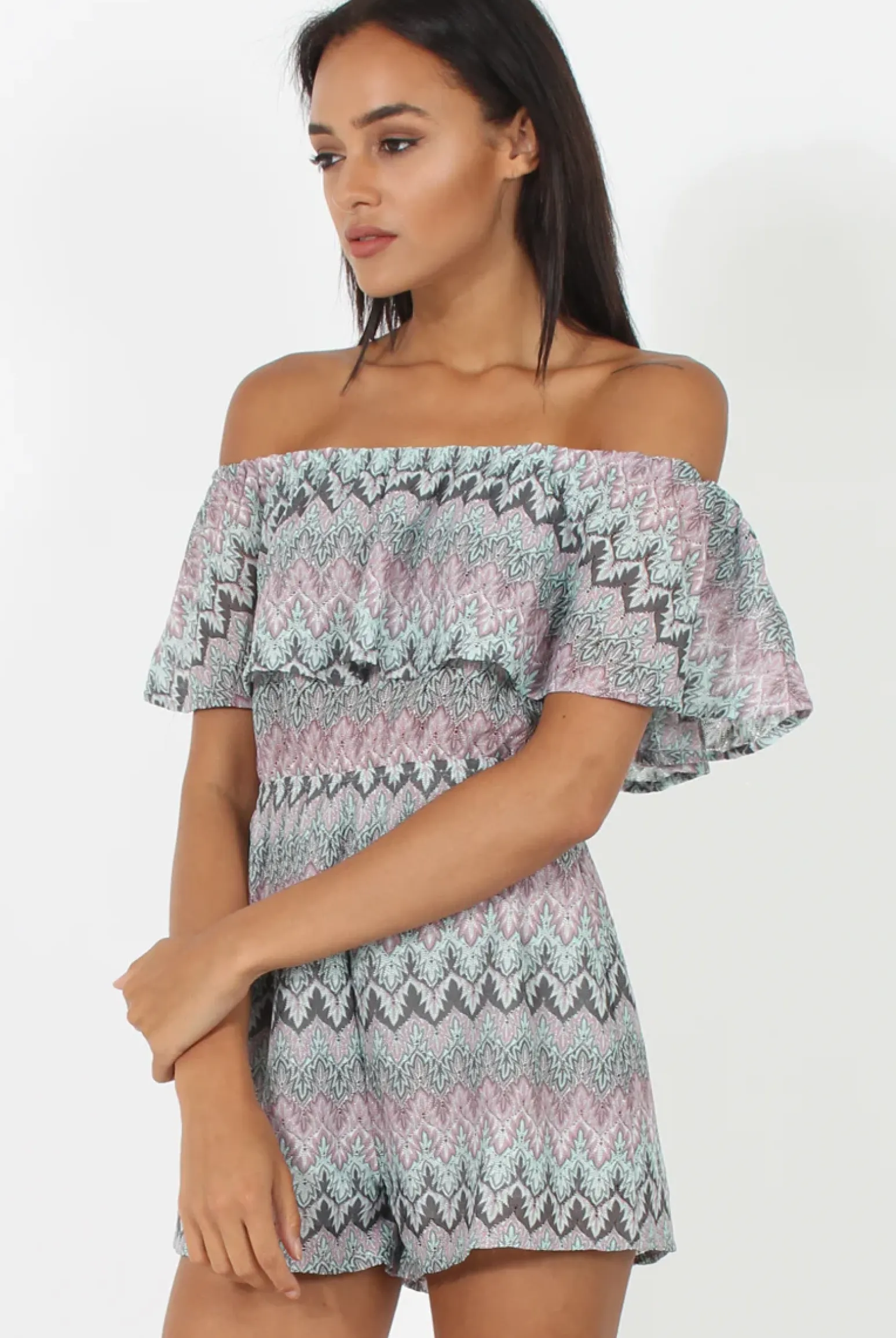 Rebellious Fashion Lilac Aztec Bardot Crochet Playsuit - Vittoria