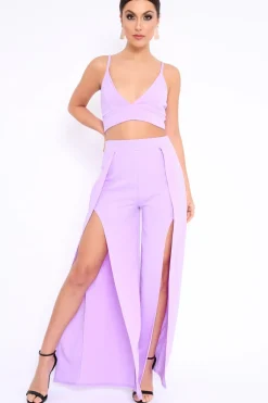 Rebellious Fashion Lilac Bralet and Split Front Wide Trousers Co-ord - Alesana