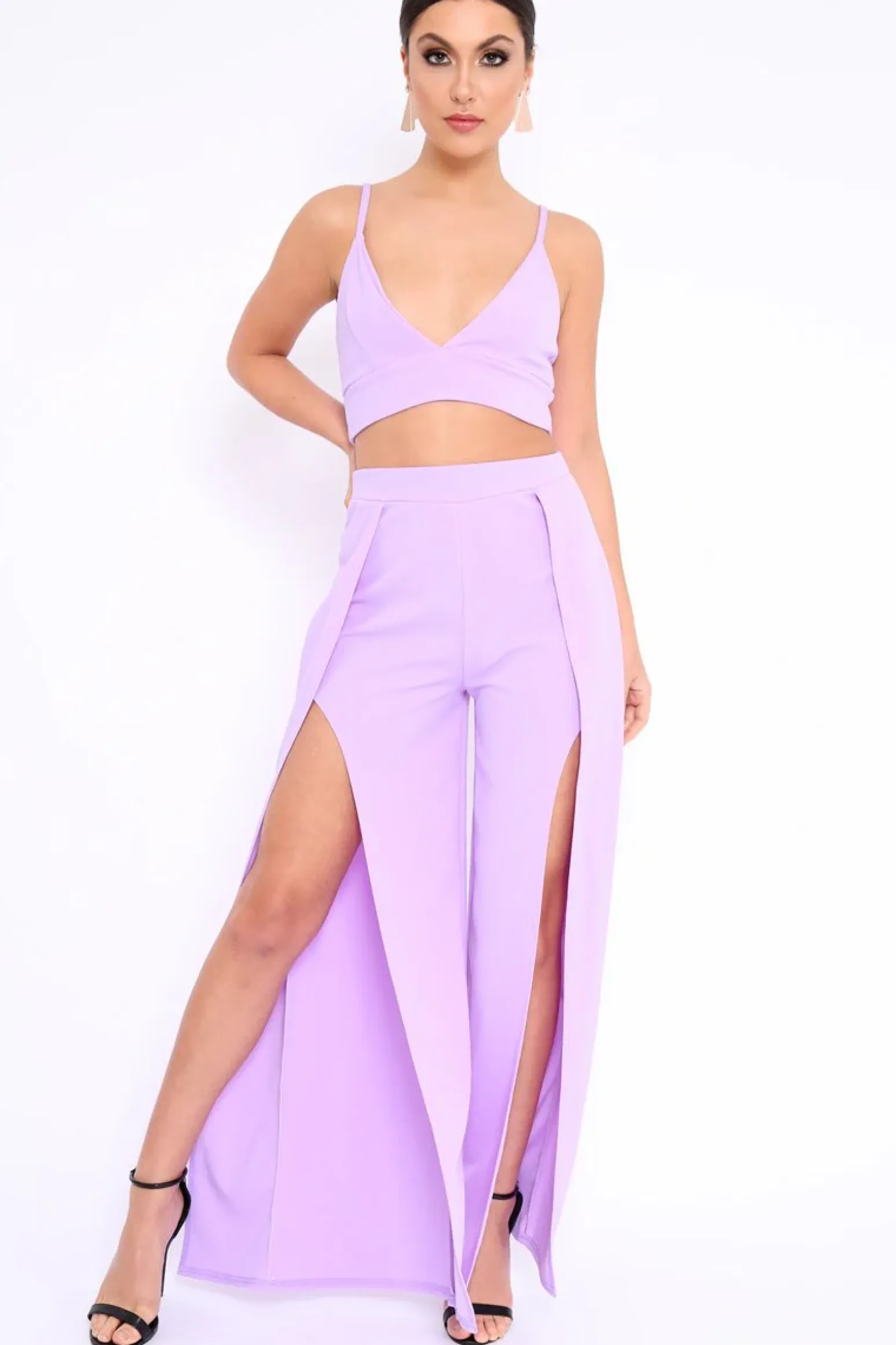 Rebellious Fashion Lilac Bralet and Split Front Wide Trousers Co-ord - Alesana