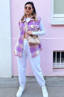 Rebellious Fashion Lilac Check Sleeveless Shacket - Brittanie
