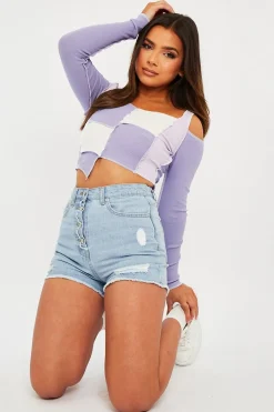 Rebellious Fashion Lilac Colour Block Off Shoulder Crop Top - Lanae