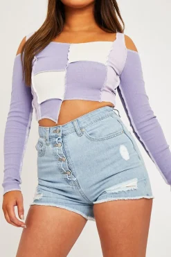 Rebellious Fashion Lilac Colour Block Off Shoulder Crop Top - Lanae