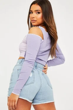 Rebellious Fashion Lilac Colour Block Off Shoulder Crop Top - Lanae