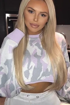 Rebellious Fashion Lilac Cropped Batwing Camo Jumper - Lizy