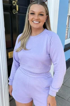 Rebellious Fashion Lilac Cropped Sweatshirt + Shorts Lounge Co-ord - Timara