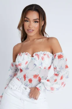 Rebellious Fashion Lilac Floral Bardot Off The Shoulder Mesh Bodysuit - Hayle