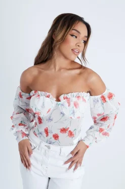 Rebellious Fashion Lilac Floral Bardot Off The Shoulder Mesh Bodysuit - Hayle