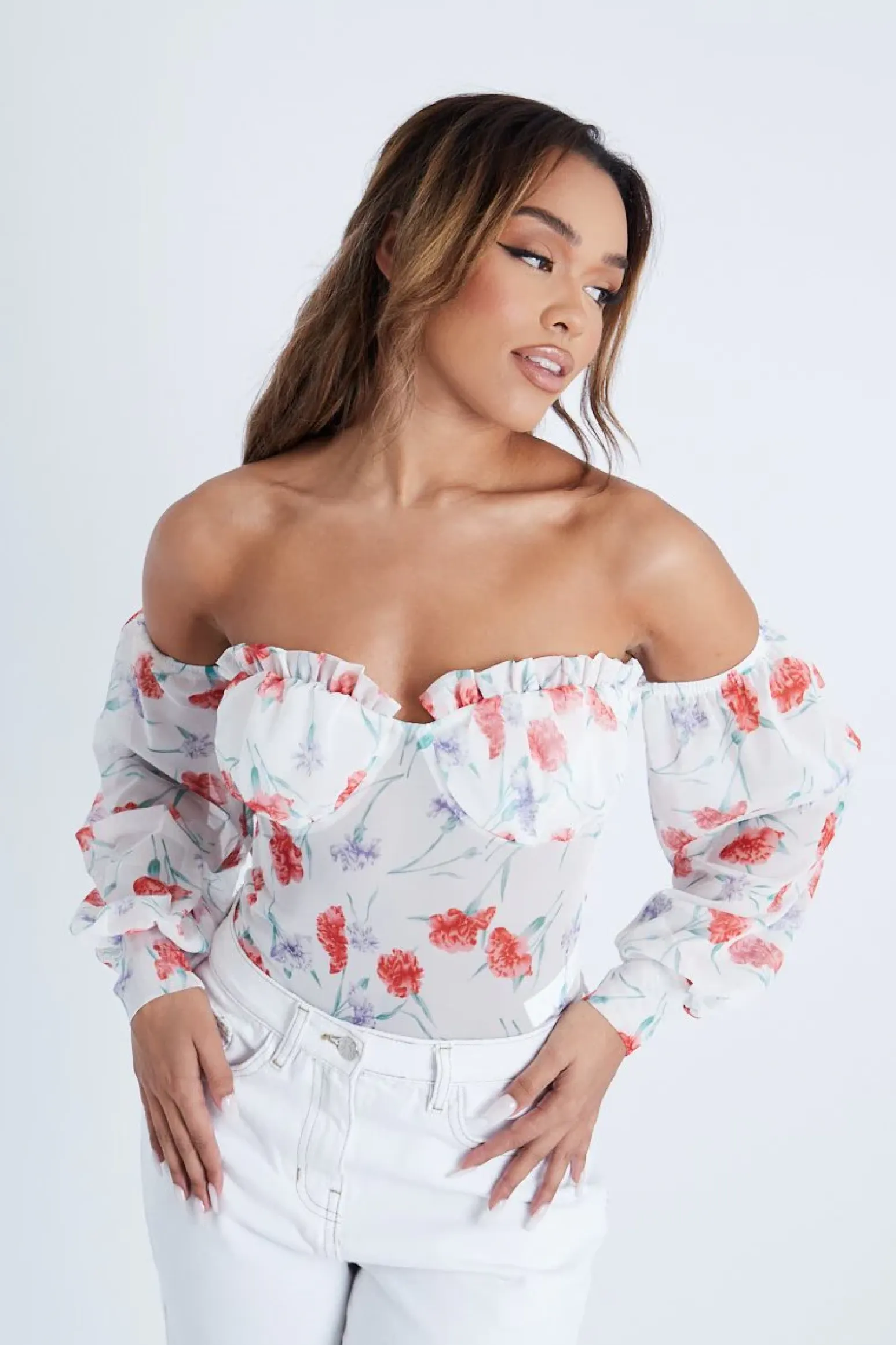 Rebellious Fashion Lilac Floral Bardot Off The Shoulder Mesh Bodysuit - Hayle