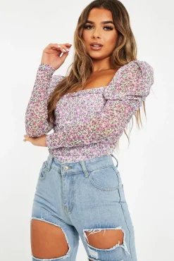Rebellious Fashion Lilac Floral Puff Sleeve Bodysuit - Deana