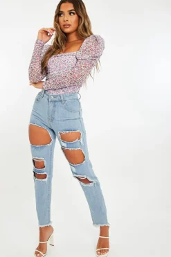 Rebellious Fashion Lilac Floral Puff Sleeve Bodysuit - Deana