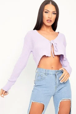 Rebellious Fashion Lilac Front Tie Knit Cardigan Top - Paloma