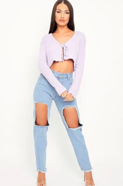 Rebellious Fashion Lilac Front Tie Knit Cardigan Top - Paloma