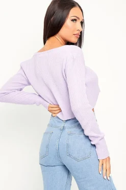 Rebellious Fashion Lilac Front Tie Knit Cardigan Top - Paloma