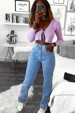 Rebellious Fashion Lilac Front Tie Knit Cardigan Top - Paloma