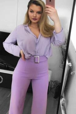Rebellious Fashion Lilac High Waist Wide Leg Trousers with Buckle - Monico