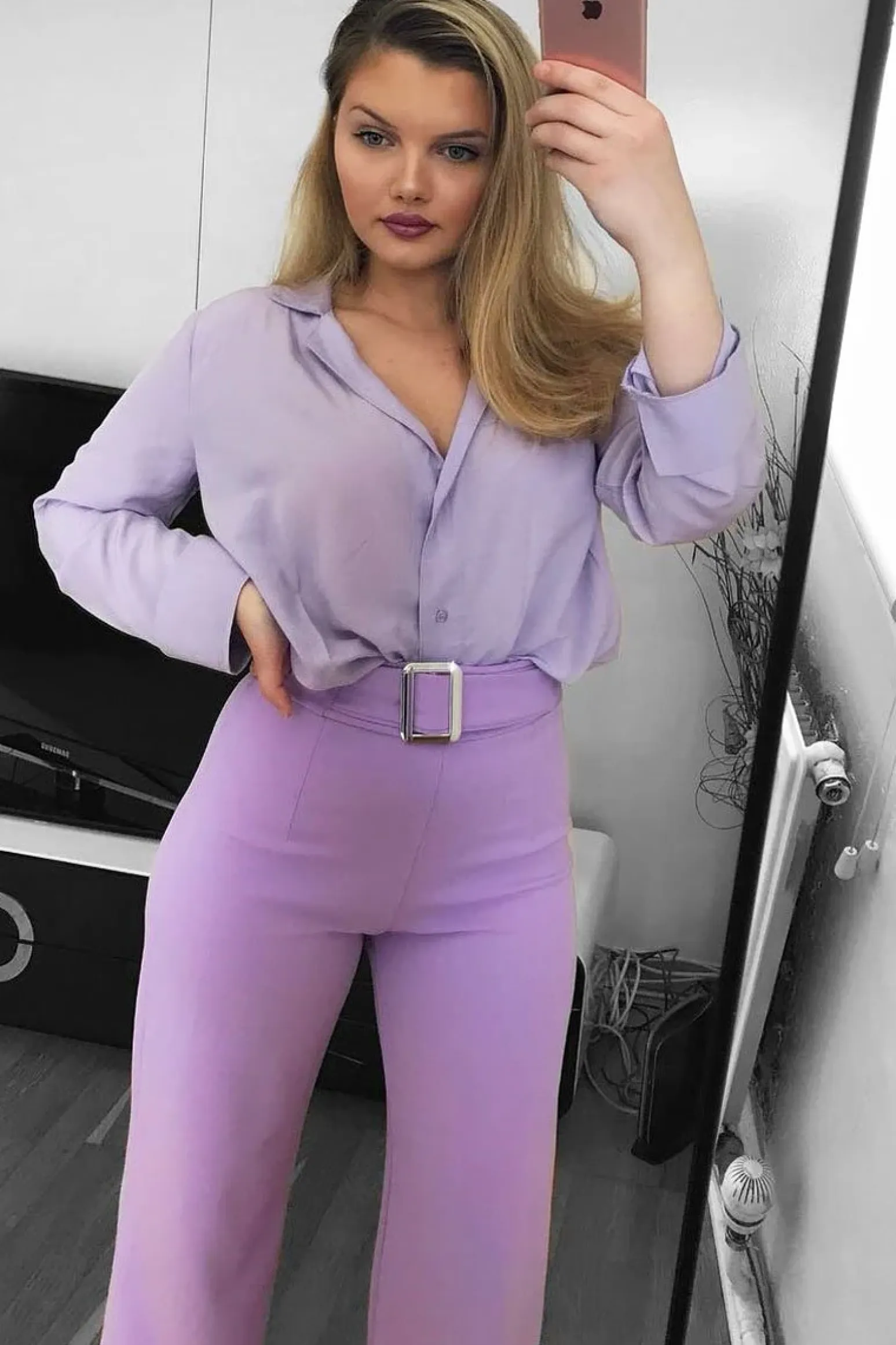 Rebellious Fashion Lilac High Waist Wide Leg Trousers with Buckle - Monico