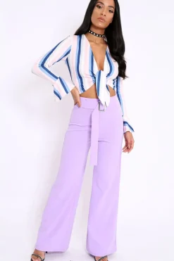 Rebellious Fashion Lilac High Waist Wide Leg Trousers with Buckle - Monico