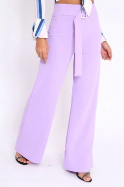 Rebellious Fashion Lilac High Waist Wide Leg Trousers with Buckle - Monico