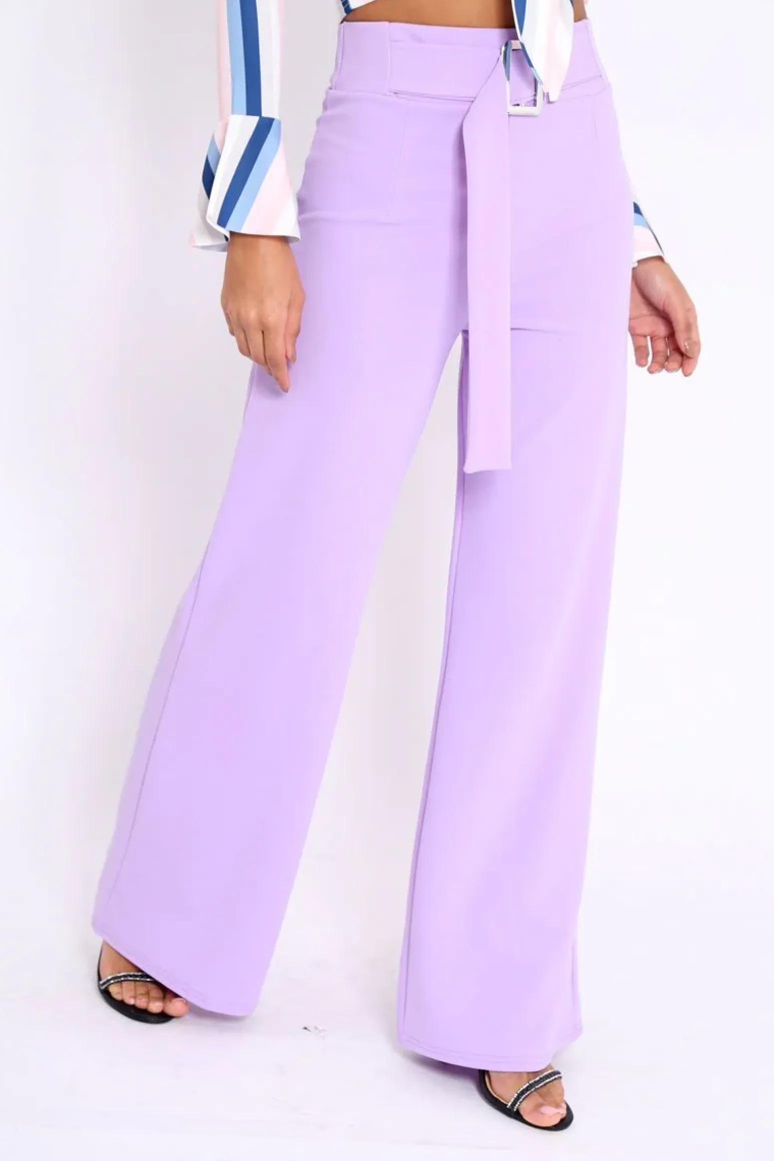 Rebellious Fashion Lilac High Waist Wide Leg Trousers with Buckle - Monico