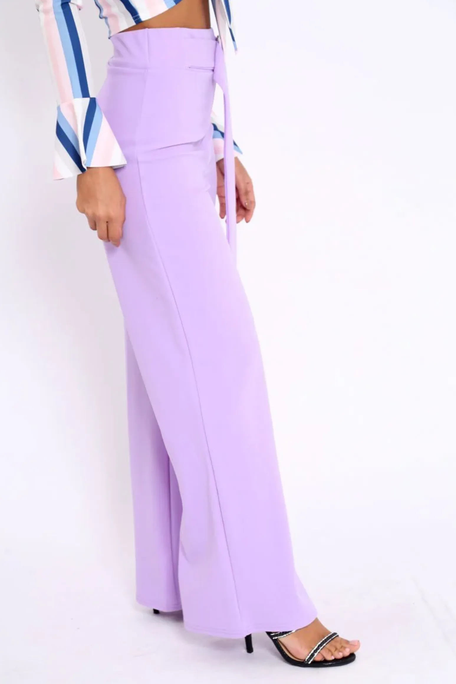 Rebellious Fashion Lilac High Waist Wide Leg Trousers with Buckle - Monico