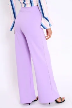 Rebellious Fashion Lilac High Waist Wide Leg Trousers with Buckle - Monico
